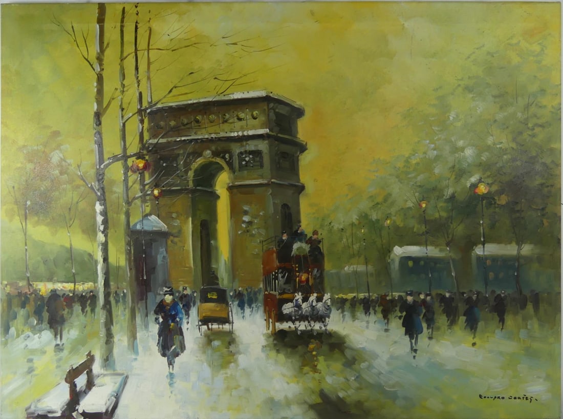 AFTER EDOUARD CORTES 'ARC DE TRIOMPHE' OIL CANVAS: Oil painting on canvas depicting a Parisian landscape with the Arc de Triomphe after Edouard Cortes. Signed lower right. Measures 40" x 30".