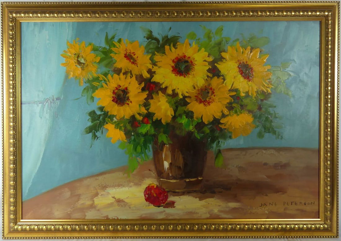 AFTER JANE PETERSON 'SUNFLOWERS' OIL ON CANVAS: Oil painting on canvas depicting a still life with flowers after Jane Peterson. Signed lower right. Viewable measures 35 1/2" x 23 1/2". Frame measures 40 3/4" x 28 3/4".