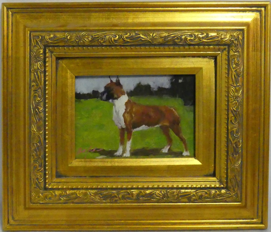 BOXER DOG OIL PAINTING ON PANEL SIGNED: Oil painting on wood panel depicting a boxer dog. Signed illegibly lower left. Viewable measures 6 1/4" x 4 1/2". Frame measures 14 1/2" x 12 1/2".