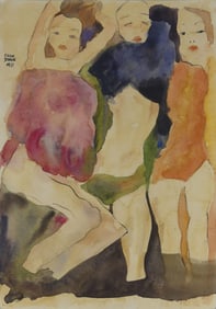 EGON SCHIELE 'THREE GIRLS' WATERCOLOR ON PAPER