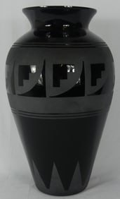 LARGE ART GLASS VASE w ETCHED GEOMETRIC DESIGNS