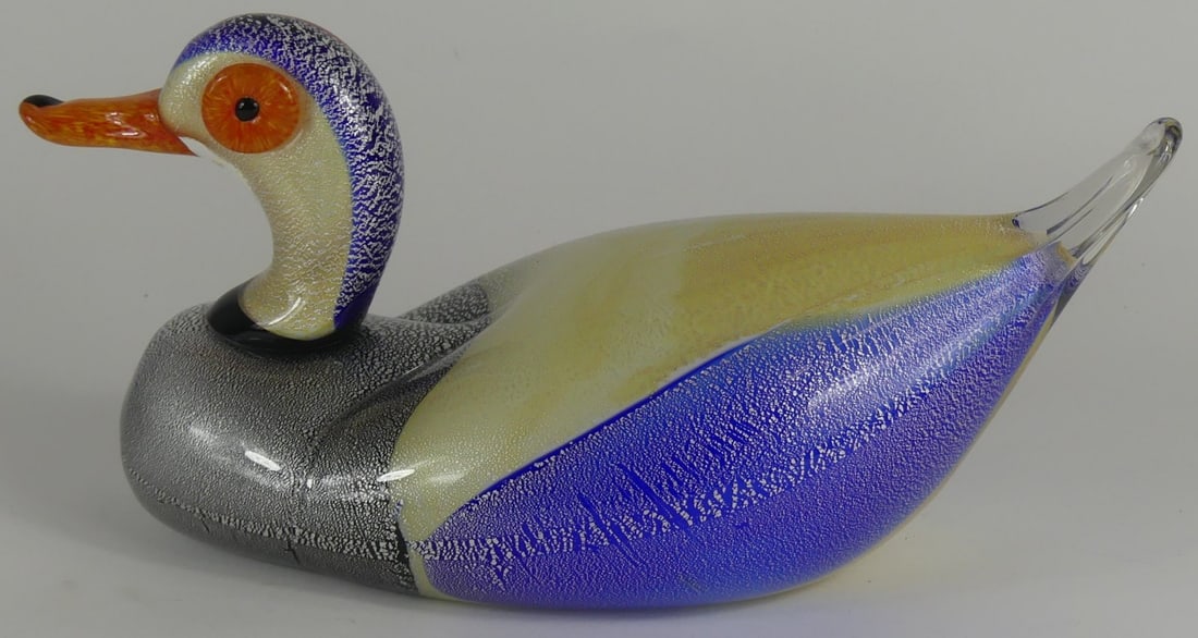 MURANO SILVER FLECK GLASS DUCK SCULPTURE: Murano glass sculpture of a duck with silver fleck decoration. Measures 13 3/4" x 6 3/4" x 6".