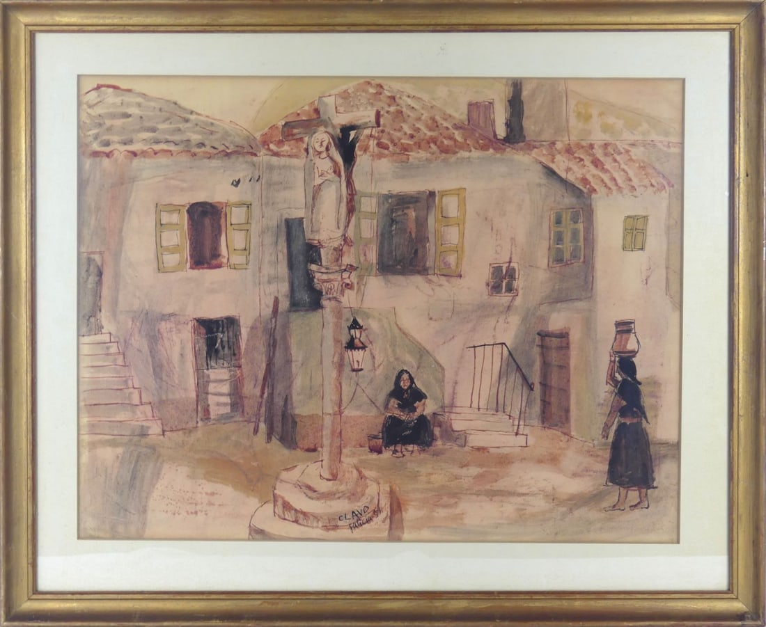 JAVIER CLAVO 'HOUSES IN CANGAS' WATERCOLOR / PAPER: Javier Clavo (Spanish, 1918-1994) watercolor and ink on paper. Titled 'Houses in Cangas'. Signed lower center. Viewable measures 25" x 19". Frame measures 31 1/2" x 25 3/4".