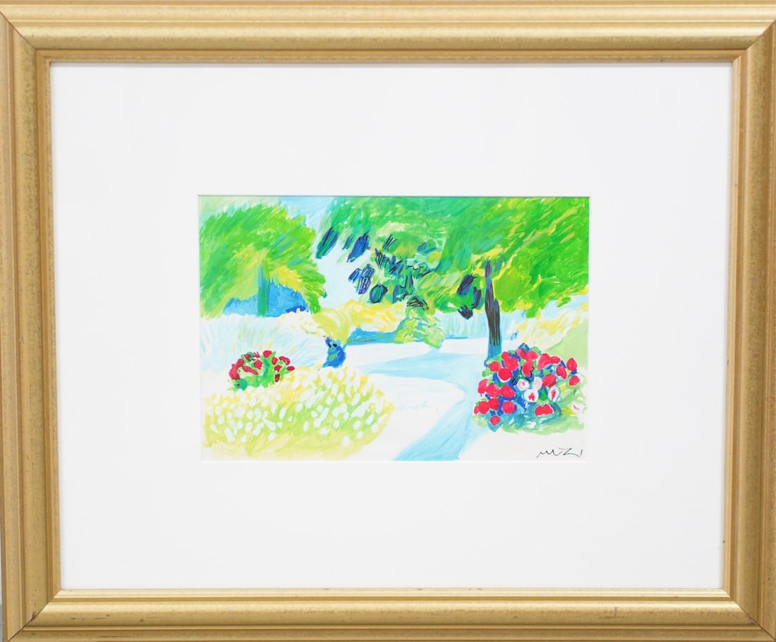 ROGER MUHL MIXED MEDIA PAINTING ON PAPER: Attributed to Roger Muhl mixed media painting on paper depicting a garden scene. Signed lower center and lower right. Viewable measures 11 1/2" x 7 3/4". Frame measures 23 1/8" x 19 1/8".