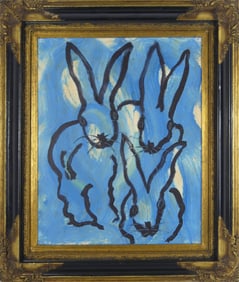 HUNT SLONEM 'BUNNIES' OIL PAINTING ON BOARD
