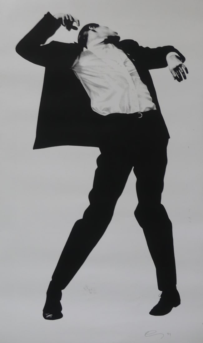 ROBERT LONGO 'MEN IN THE CITIES' OFFSET LITHOGRAPH: Robert Longo offset lithograph from 'Men in the Cities'. Hand signed and dated 1999 lower right. Sheet measures 79" x 44".