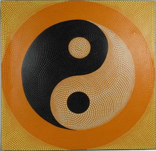 PETER SEDGLEY 'YIN/YANG' ACRYLIC ON CANVAS: Acrylic painting on canvas depicting a Yin Yang in the manner of Peter Sedgley (British, b. 1930). Signed to verso and dated 1966. Measures 31 1/2" x 31 1/4".