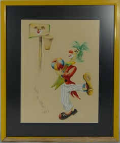 RED SKELTON 'CLOWN w BASKETBALL' ACRYLIC ON PAPER
