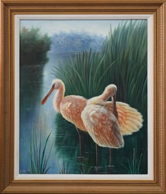 P DANIELS 'ROSEATE SPOONBILLS' OIL ON CANVAS