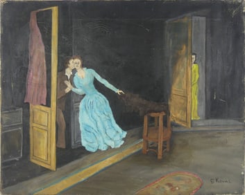 KOVAL 'MAN WITH MISTRESS' FOLK ART OIL ON CANVAS