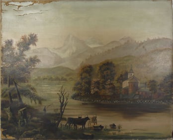 CONTINENTAL 'LANDSCAPE w CHURCH' OIL ON CANVAS