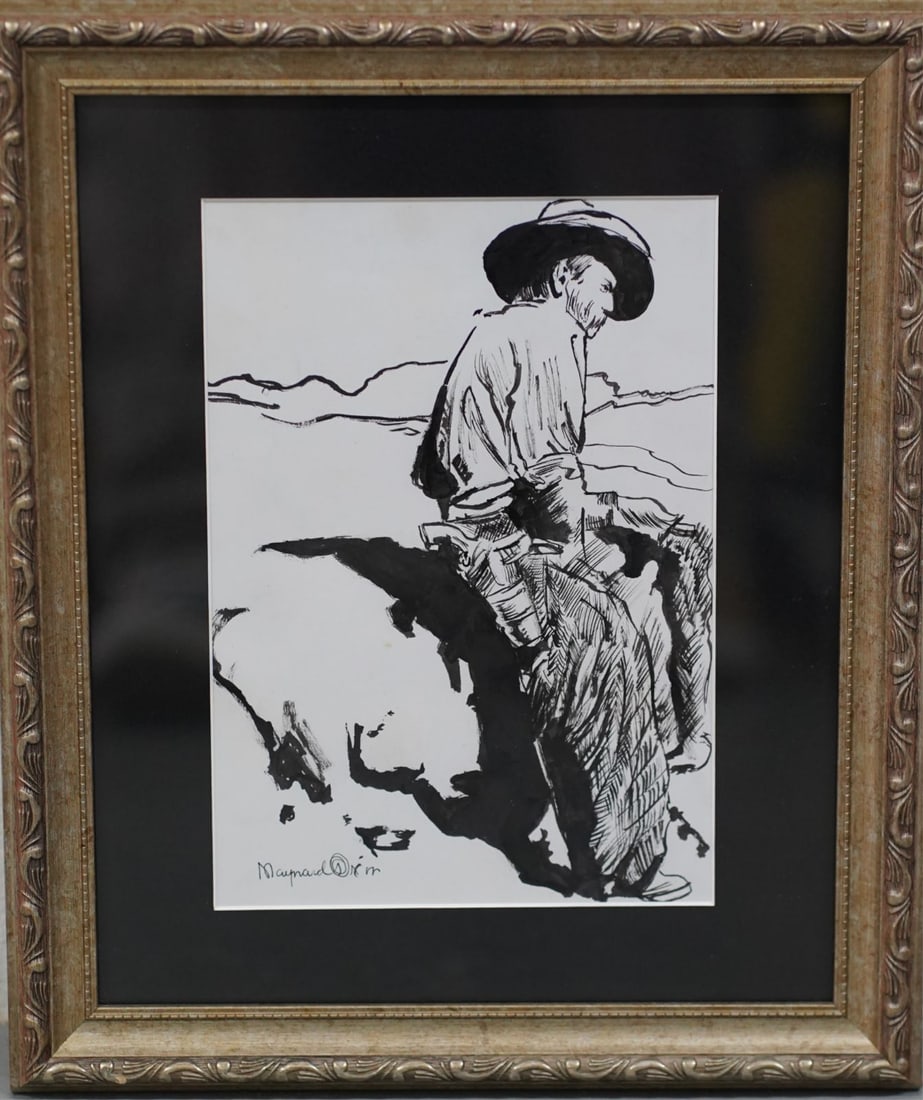 MAYNARD DIXON STYLE 'COWBOY' INK DRAWING ON PAPER: Ink drawing on paper depicting a cowboy in the style of Maynard Dixon. Signed lower left. Viewable measures 9 3/4" x 7". Frame measures 15 1/4" x 12 3/4".