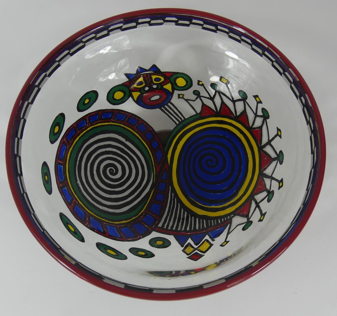 JIM HEATH STUDIO ART GLASS BOWL: Jim Heath (South African/American) studio art glass bowl depicting a tribal figure. Signed to underside. Measures 11 1/2" diameter x 4 1/2" height.