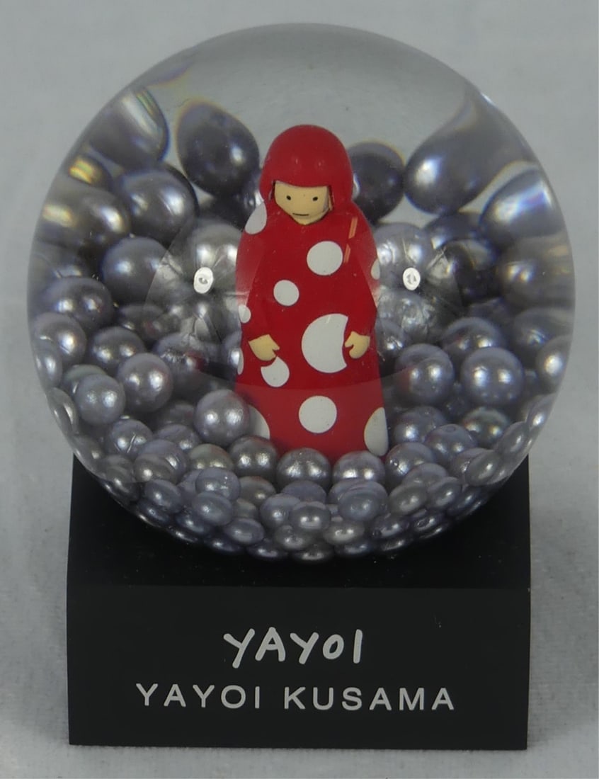 YAYOI KUSAMA SNOW GLOBE: Yayoi Kusama Japanese snow globe. Measures 3" height. Box measures 4" x 4" x 4".