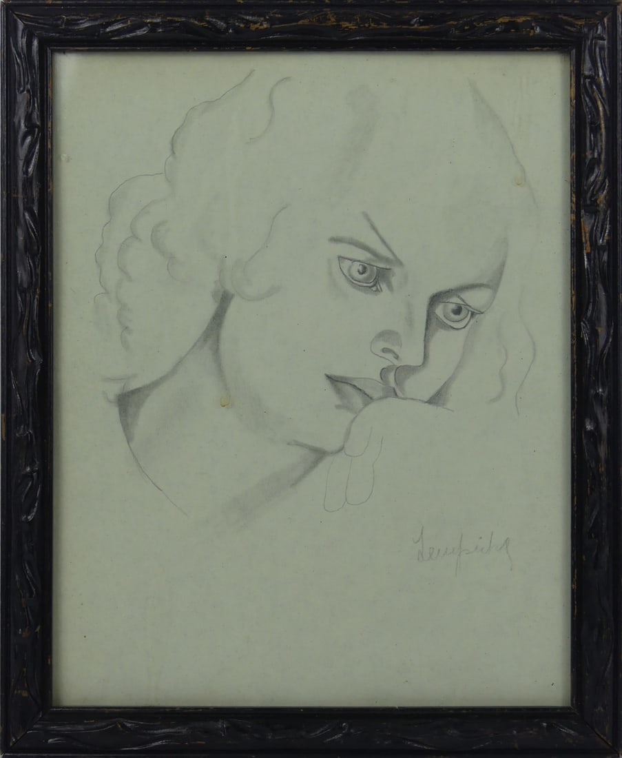 TAMARA DE LEMPICKA 'HEAD OF A WOMAN' PENCIL PAPER: Attributed to Tamara de Lempicka pencil drawing on paper depicting the head of a woman. Pencil signed lower right. Viewable measures 9 5/8" x 7 5/8". Frame measures 11 1/4" x 9 1/4".