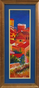 RED ROOFS OIL PAINTING ON PAPER SIGNED JB