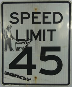 BANKSY STYLE SPRAY PAINT SPEED LIMIT STREET SIGN