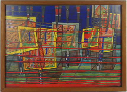 HUNDERTWASSER 'BOX GRASS RED FOG GALLERY' LITHO: Friedensreich Hundertwasser offset lithograph titled 'Box Grass Red Fog Gallery'. Signed in the plate lower left. Viewable measures 19 1/2" x 13 3/4". Frame measures 21" x 15".