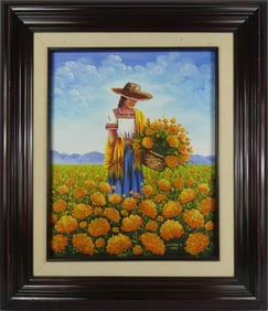 ALEMRAC MEXICAN 'WOMAN w FLOWERS' OIL ON CANVAS
