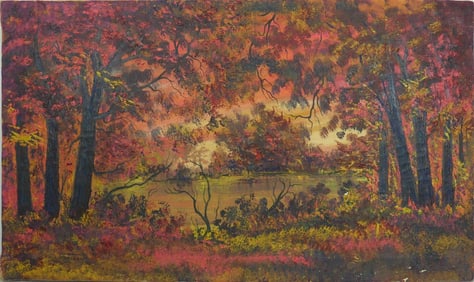 AUTUMN LAKE LANDSCAPE OIL PAINTING / CANVAS SIGNED