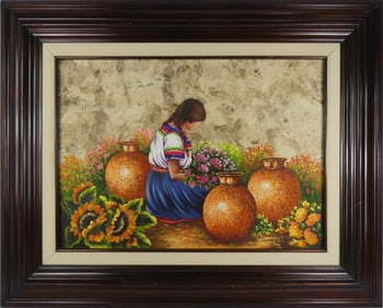 ALEMRAC MEXICAN 'WOMAN w FLOWERS' OIL ON BOARD