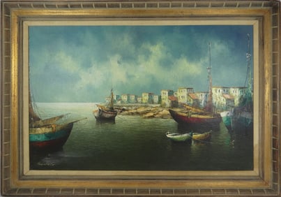 ELEONORE GUINTHER 'HARBOR SCENE' OIL ON CANVAS