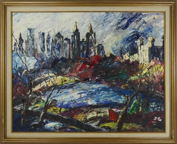CENTRAL PARK NEW YORK SKYLINE OIL ON BOARD