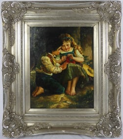 'KNITTING LESSONS' OIL PAINTING ON WOOD PANEL