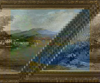 LUIGI CERGOLI 'LAKESIDE VILLAGE' OIL ON CANVAS