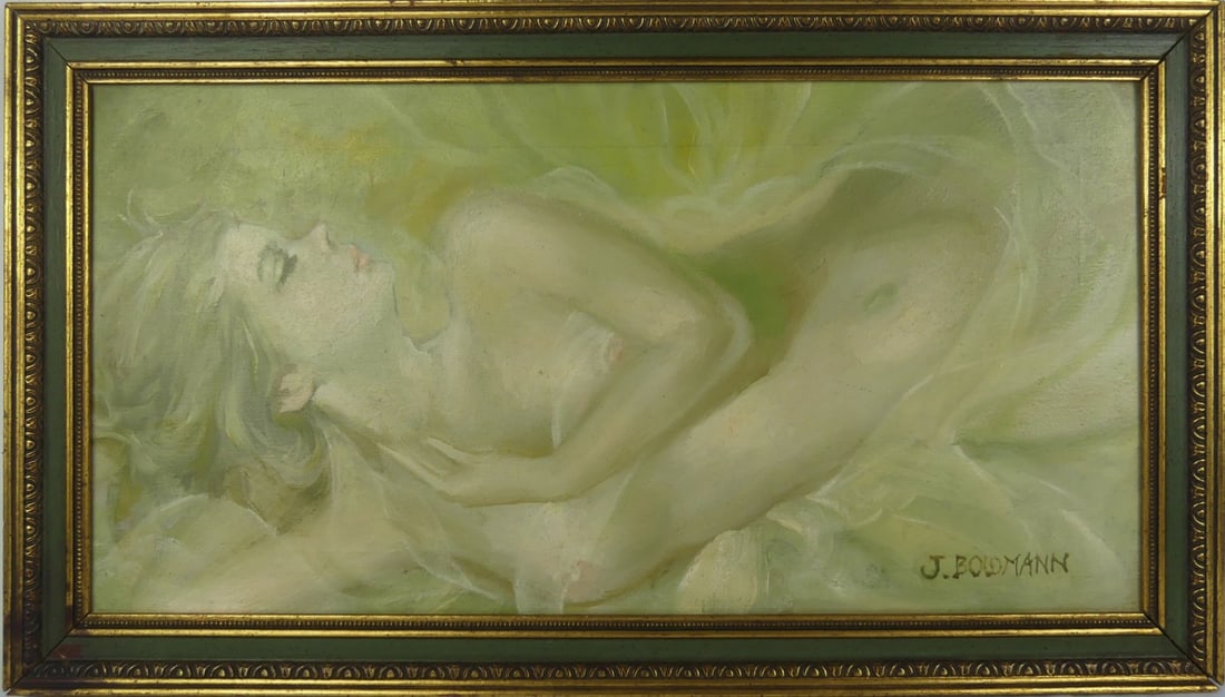 J. BOWMANN 'RECLINING NUDE BEAUTY' OIL ON CANVAS: Oil painting on canvas depicting a reclining nude beauty. SIgned J. Bowmann lower right. Viewable measures 23 1/2" x 11 1/2". Frame measures 27" x 15".