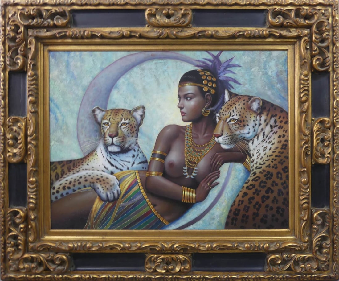 EGYPTIAN BEAUTY w LEOPARDS OIL PAINTING ON CANVAS: Femme Fatale oil painting on canvas after Karl Bang. Viewable measures 39 1/4" x 29". Frame measures 57" x 47".