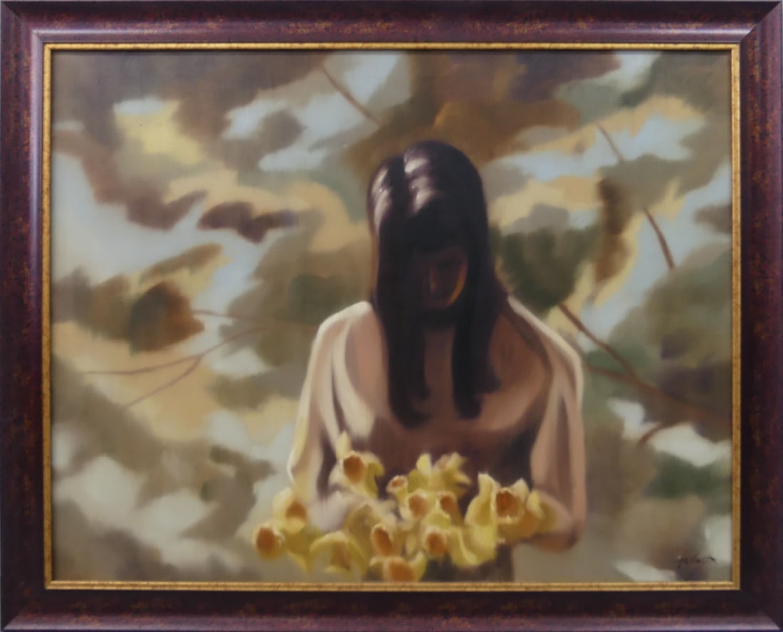 HAL SINGER 'GIRL w FLOWERS' OIL PAINTING ON CANVAS (1 of 5)