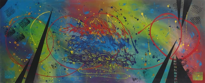 LARGE ABSTRACT GEOMETRIC DRIP PAINTING