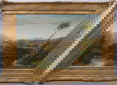 ITALIAN LANDSCAPE w PALM OIL ON CANVAS SIGNED