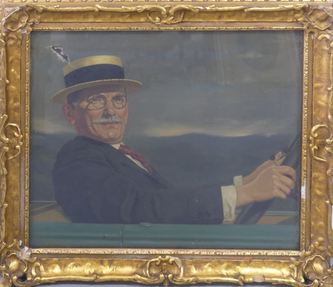 TEDDY ROOSEVELT OIL PAINTING ON CANVAS: Oil painting on canvas depicting President Theodore Roosevelt driving an automobile. No apparent signature. Roosevelt was the first President to ride in an automobile. Frame measures 36 1/4" x 31 1/2"