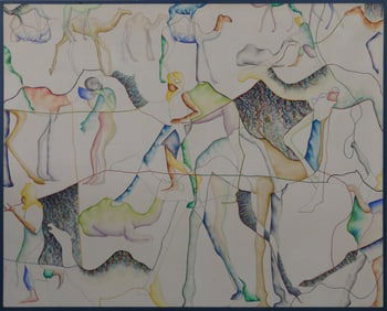 ABSTRACT CAMELS & FIGURES OIL ON CANVAS SIGNED 79