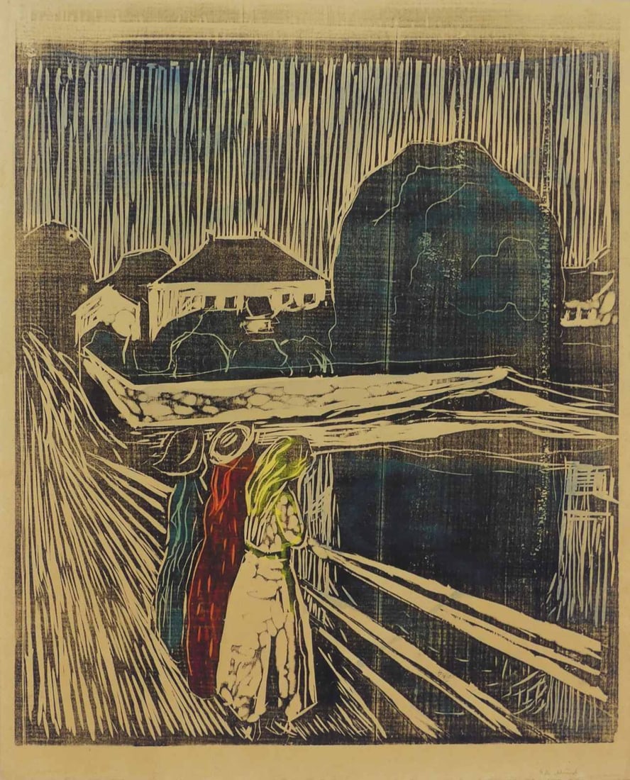 EDVARD MUNCH 'THE GIRLS ON THE BRIDGE': Edvard Munch 'Madchen auf der Brucke' (The Girls on the Bridge) lithograph in colors. Signed in the plate lower right. Sheet measures 23 1/4" x 19".