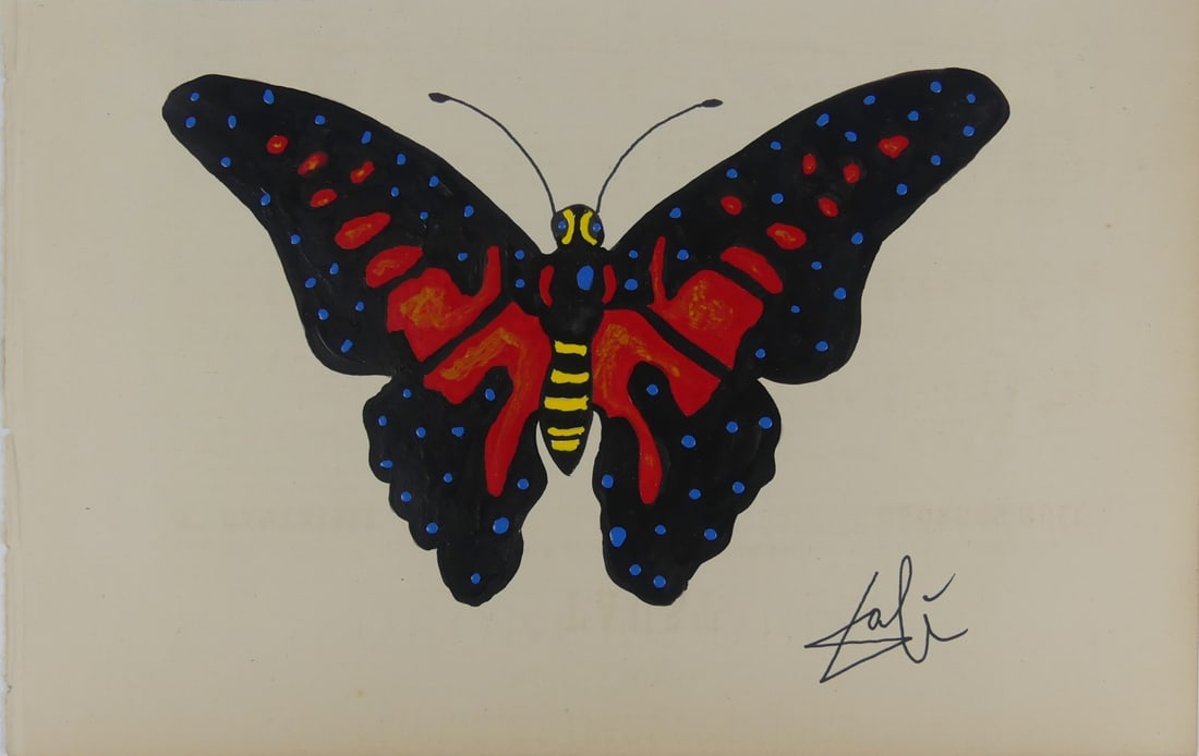 SALVADOR DALI (MANNER) BUTTERFLY PAINTING ON PAPER: Manner of Salvador Dali painting on paper depicting a butterfly. Signed lower right. Sheet measures 10 1/4" x 6 1/2".