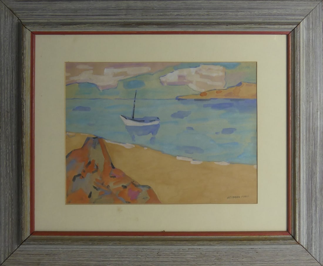 HERMAN MARIL 'INLET WITH BOAT' WATERCOLOR PAINTING: Herman Maril (American, 1908-1986) watercolor painting on paper depicting a coastal scene with small boat. Signed lower right. Viewable measures 13 1/4" x 9 7/8".