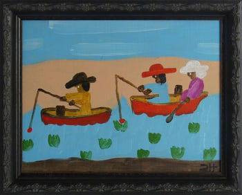 CLEMENTINE HUNTER 'FISHING ON CANE RIVER' OIL