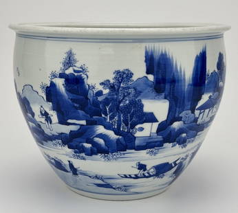 CHINESE BLUE & WHITE PORCELAIN PLANTER: Chinese blue and white porcelain planter. Depicts a landscape scene with figures, mountains, trees and river. Measures 9" x 9" x 7" h.