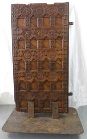 LARGE ANTIQUE WOODEN DOOR w MEDALLIONS & STUDS
