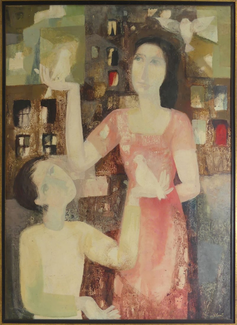 RAMON LLOVET 'FIGURAS Y PALOMAS' OIL ON CANVAS: Ramon Llovet Miserol (Spanish, 1917 - 1987) oil painting on canvas depicting a mother and child with birds. Signed lower right. Signed, titled and dated 1961 to verso. Viewable measures 50 3/4" x 37 1