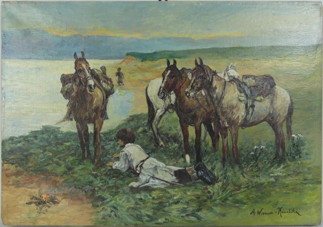 ALFRED VON WIERUSZ-KOWALASKI OIL ON CANVAS: Oil painting on canvas depicting a landscape with figure and horses in the manner of Alfred von Wierusz-Kowalski (Polish, 1849-1915). Signed lower right. Holds label to verso. Measures 22" x 15 3/8".