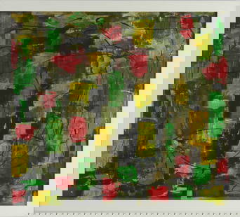 PAUL KLEE ABSTRACT OIL PAINTING ON BOARD: Manner of Paul Klee oil painting on board. Signed lower right. Viewable measures 23" x 20 3/4". Frame measures 25 1/2" x 23".