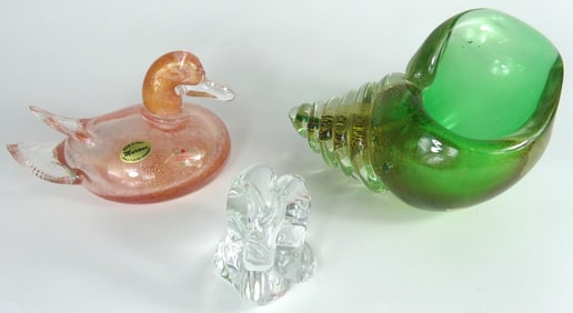 3pc MURANO GLASS ANIMALS: DUCK, SNAIL & SHELL