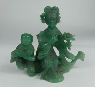 CHINESE CARVED JADE MAIDEN & BOY STATUE