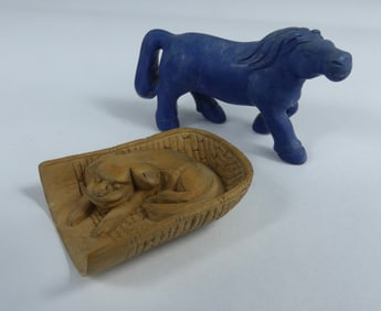 2pc CHINESE CARVED FOO DOG & BLUE GLAZED HORSE