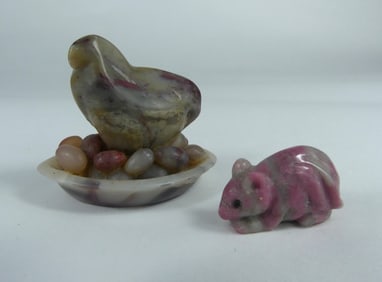 2pc CHINESE STONE CARVINGS CHICKEN & RAT
