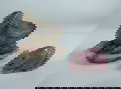 2pc CHINESE STONE CARVINGS CHICKEN & RAT: Two Chinese stone carvings includes a chicken with agate eggs and mottled pink rat. Chicken measures 2 1/2" x 1 1/2" x 2" h.